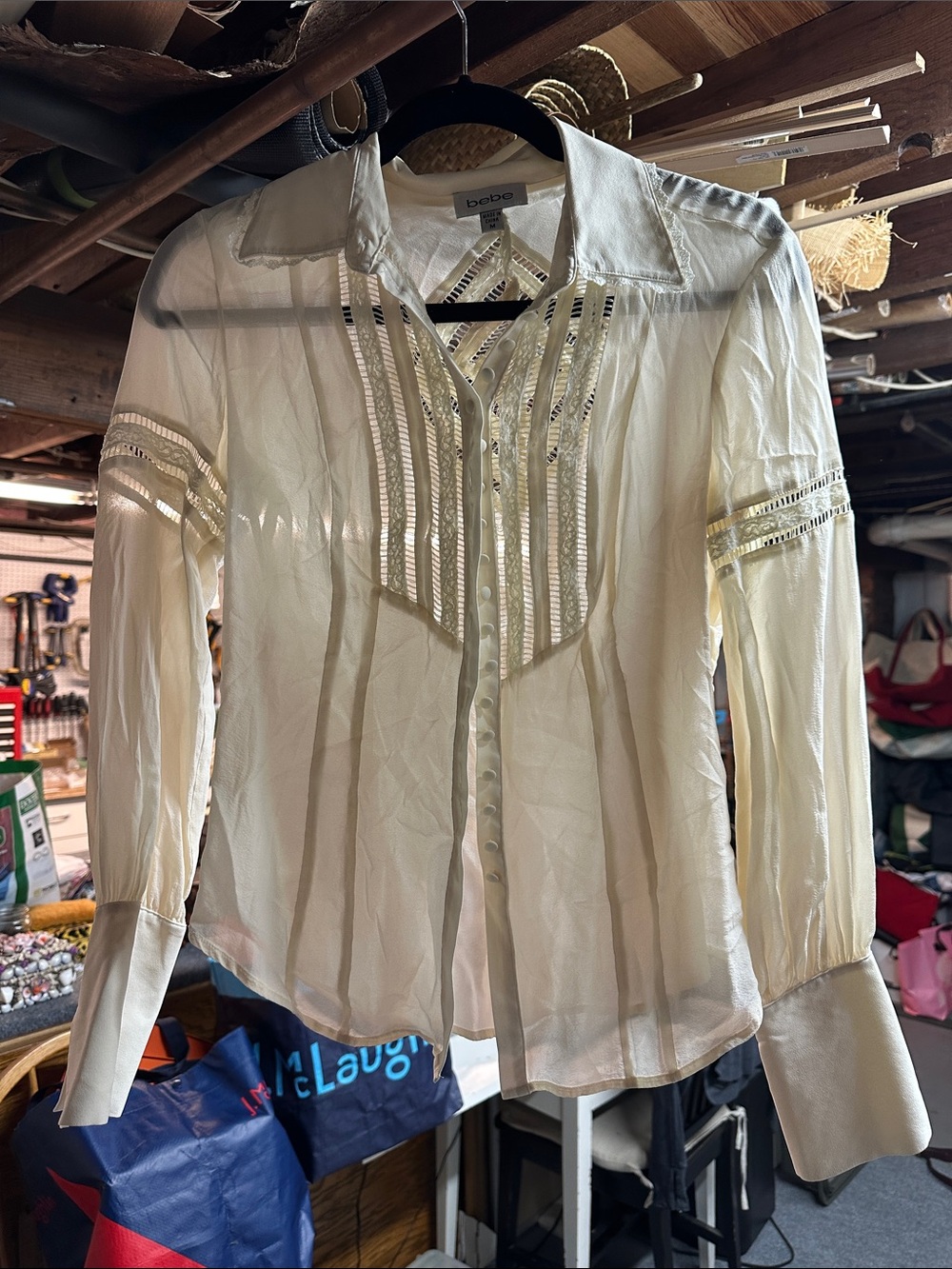 bebe Ivory Sheer Button-Down Blouse with Ladder Trim